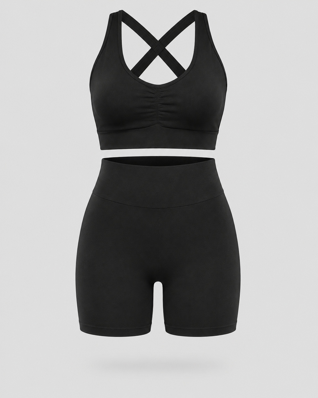 MrMaccaveli ruched cross-back bra and high waist short set in black