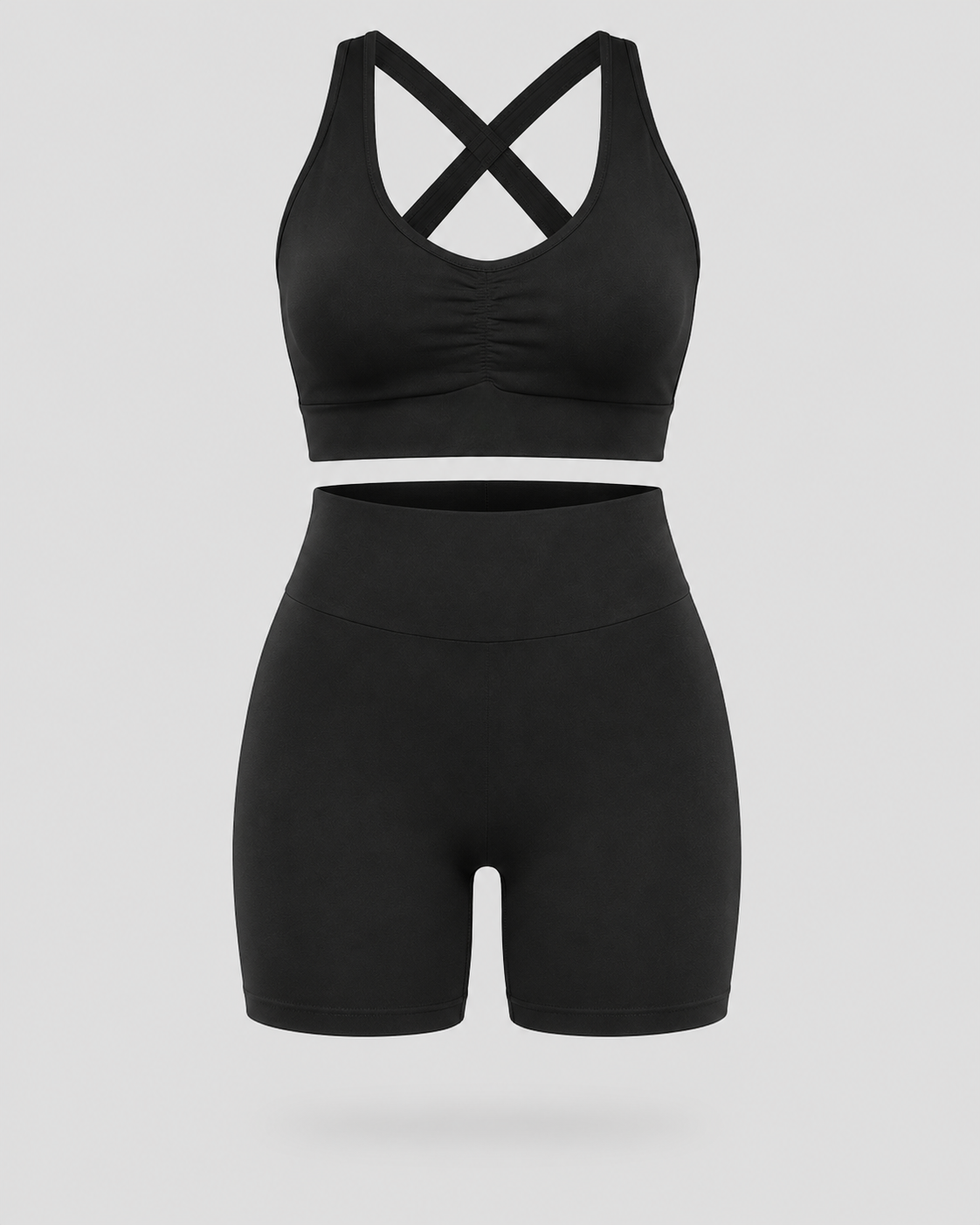 MrMaccaveli ruched cross-back bra and high waist short set in black