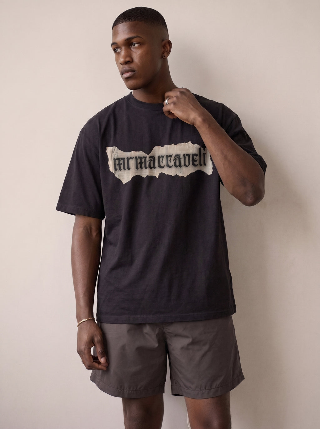 MRMACCAVELI Manifesto oversized tee in washed black with gothic print