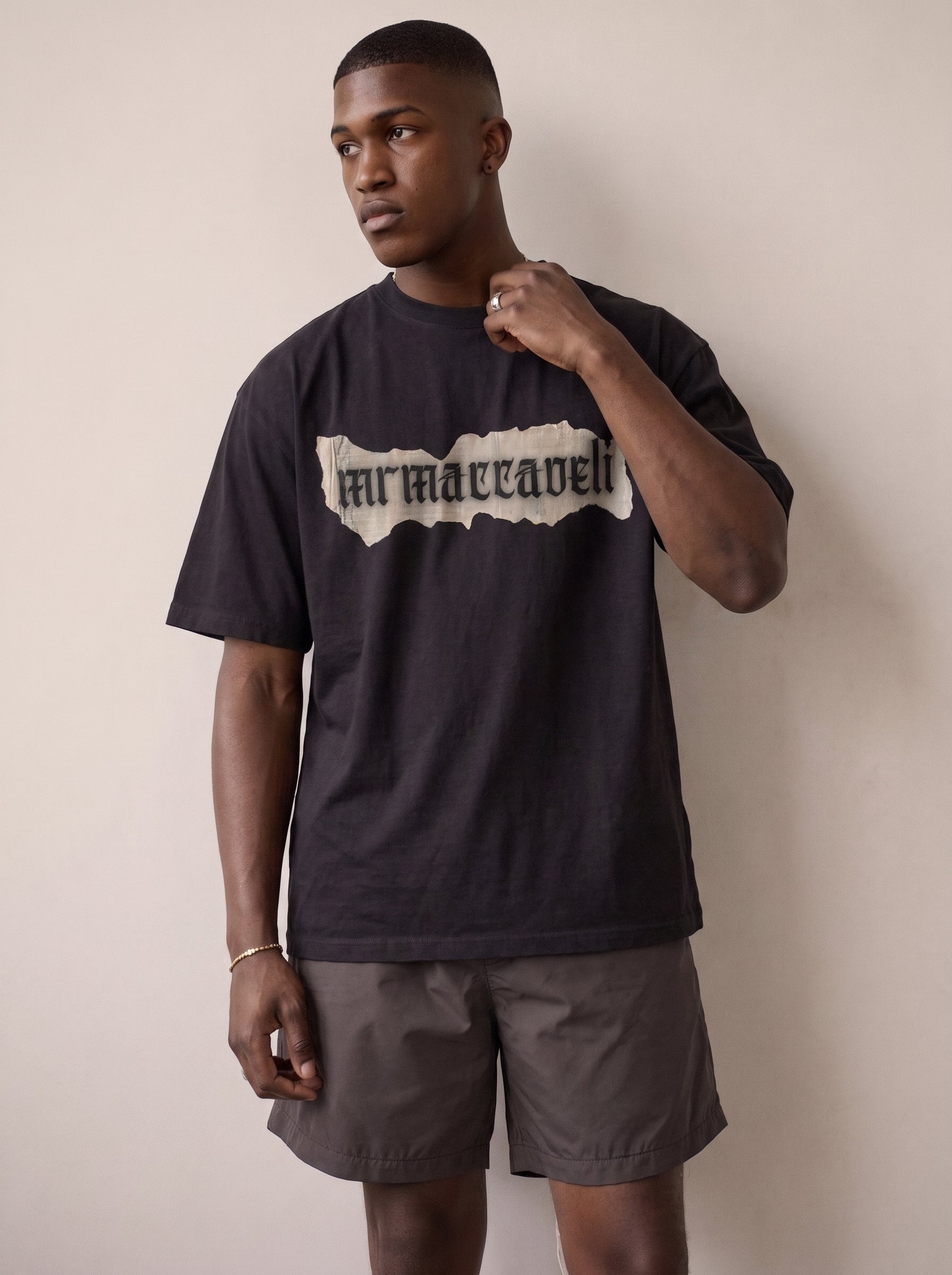 MRMACCAVELI Manifesto oversized tee in washed black with gothic print