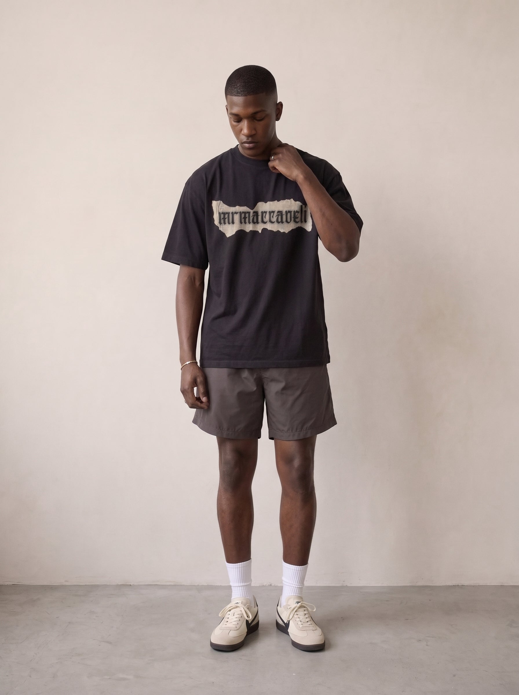 MRMACCAVELI Manifesto oversized tee in washed black with gothic print