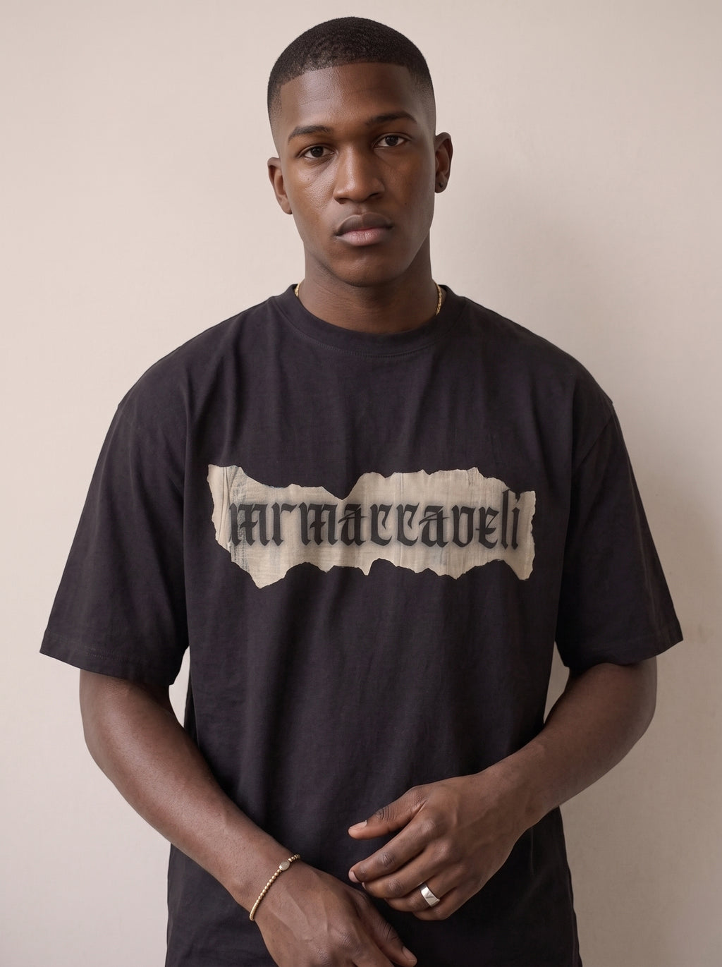 MRMACCAVELI Manifesto oversized tee in washed black with gothic print