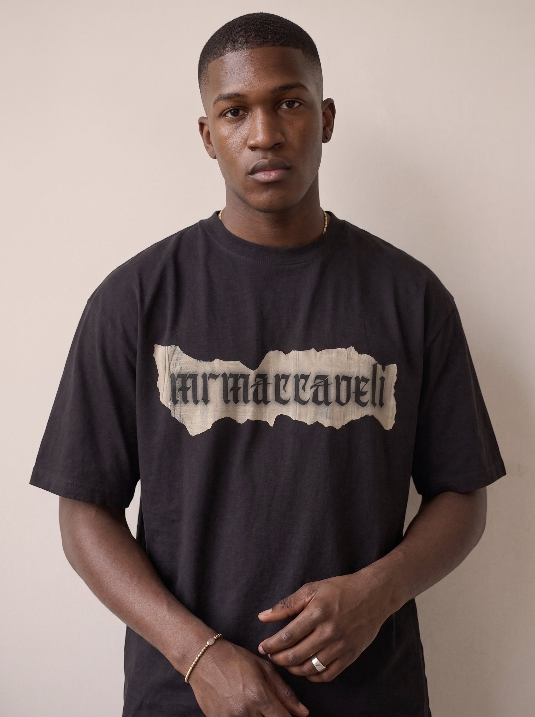 MRMACCAVELI Manifesto oversized tee in washed black with gothic print