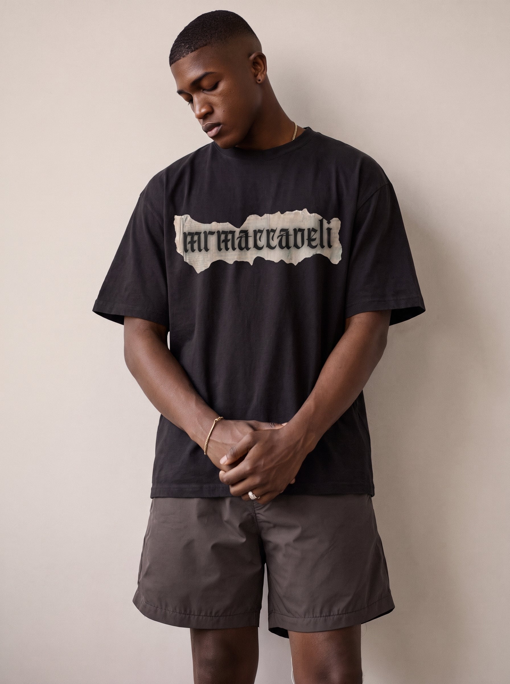 MRMACCAVELI Manifesto oversized tee in washed black with gothic print