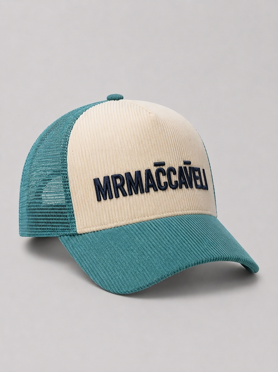 MrMaccaveli corduroy trucker cap in teal and cream