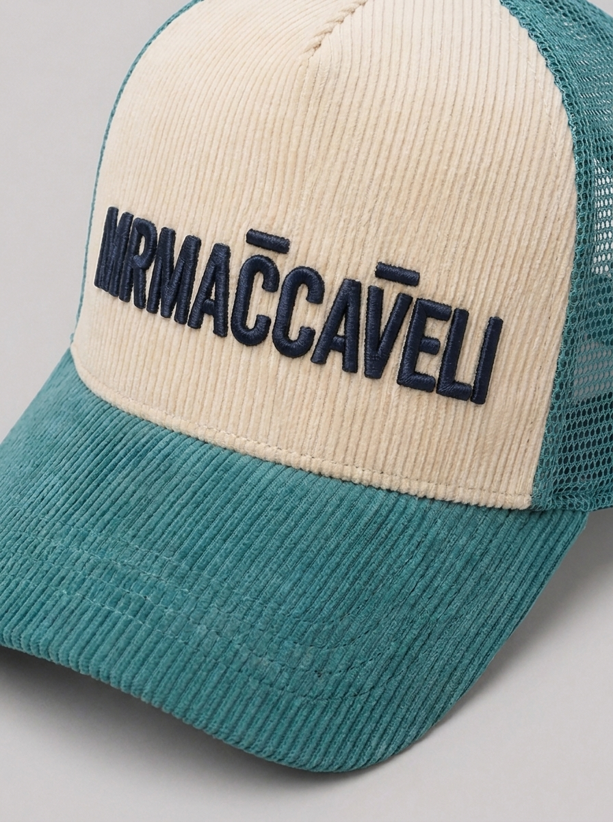 MrMaccaveli corduroy trucker cap in teal and cream