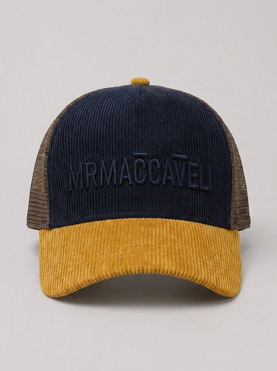 MrMaccaveli wordmark corduroy trucker cap in navy and mustard