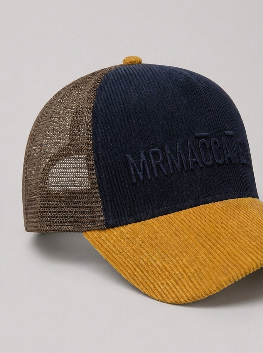 MrMaccaveli wordmark corduroy trucker cap in navy and mustard