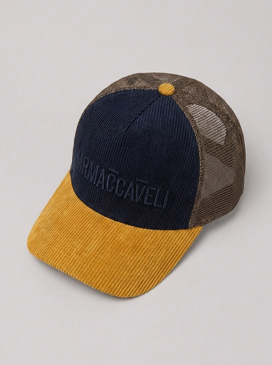 MrMaccaveli wordmark corduroy trucker cap in navy and mustard