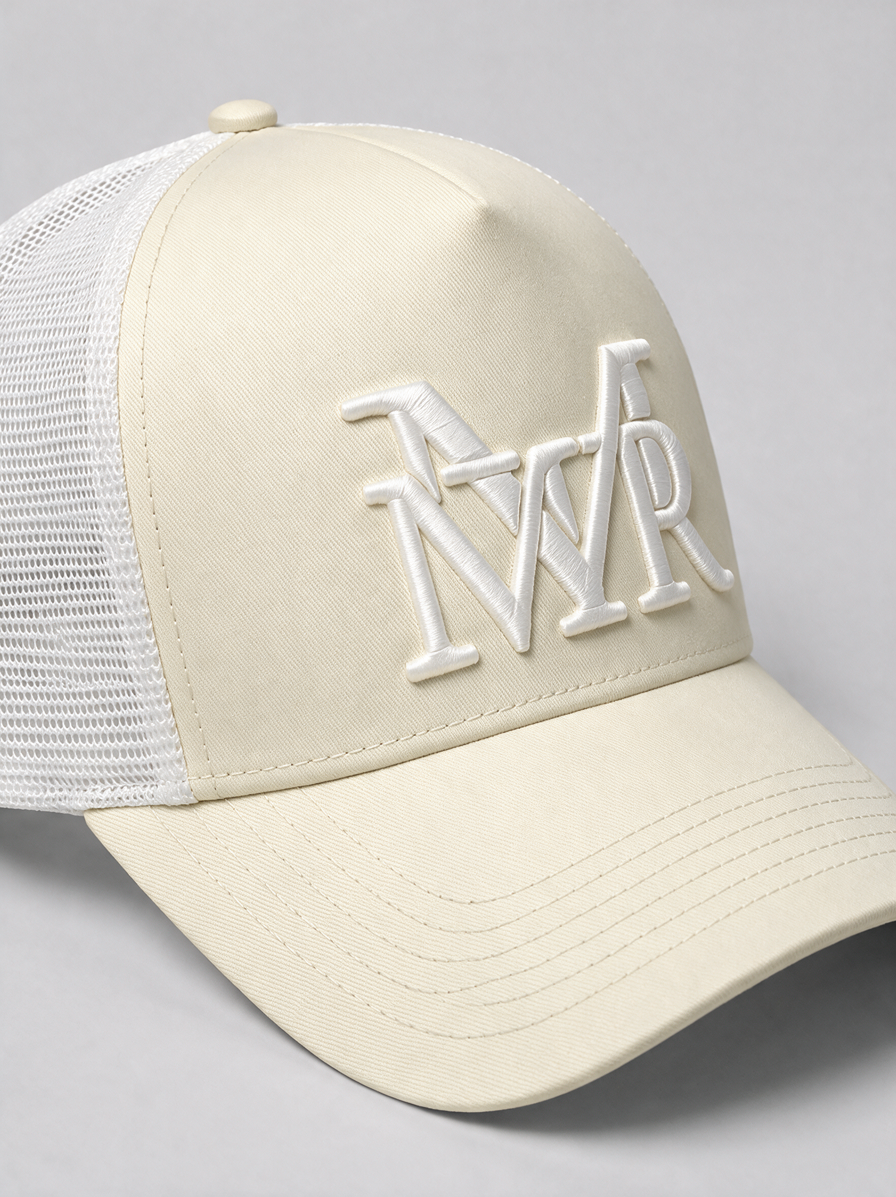 MrMaccaveli monogram trucker cap in cream