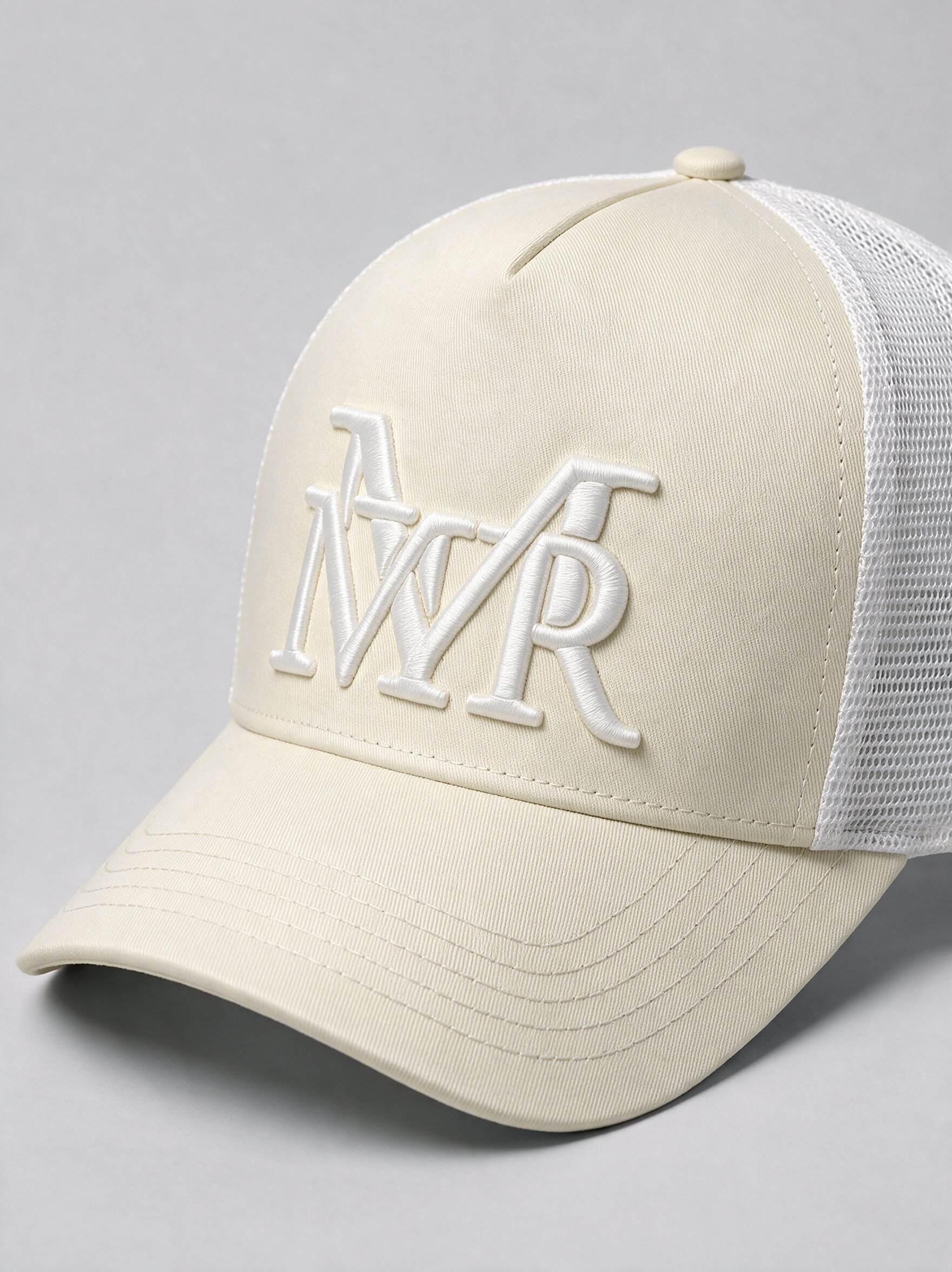 MrMaccaveli monogram trucker cap in cream
